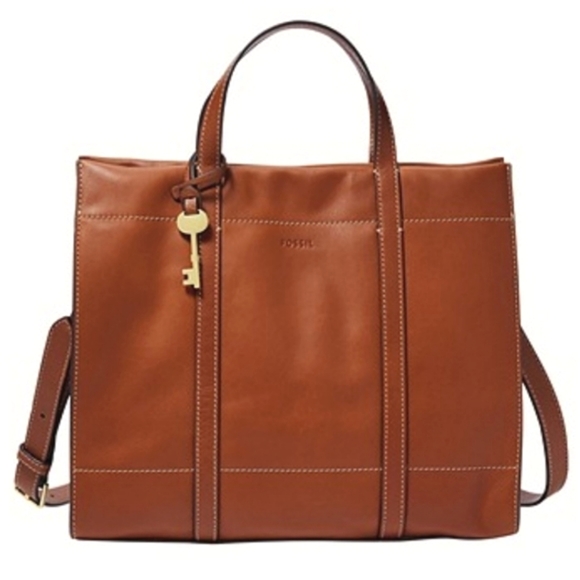 Fossil Handbags - FOSSIL Carmen Shopper Tote Crossbody Leather Brandy Brown ZB7938213